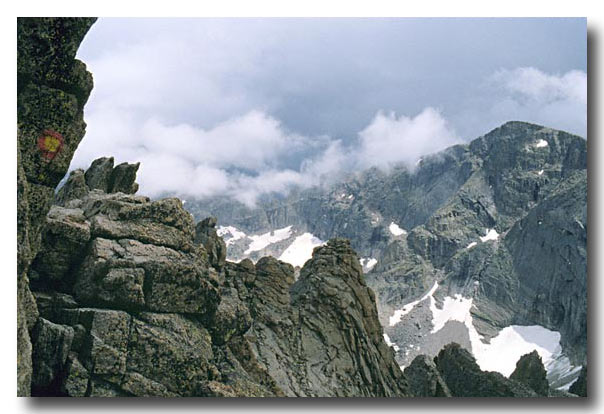 View approaching the "narrows" on the back side of Long's Peak, Colorado.  Scan from a slide.